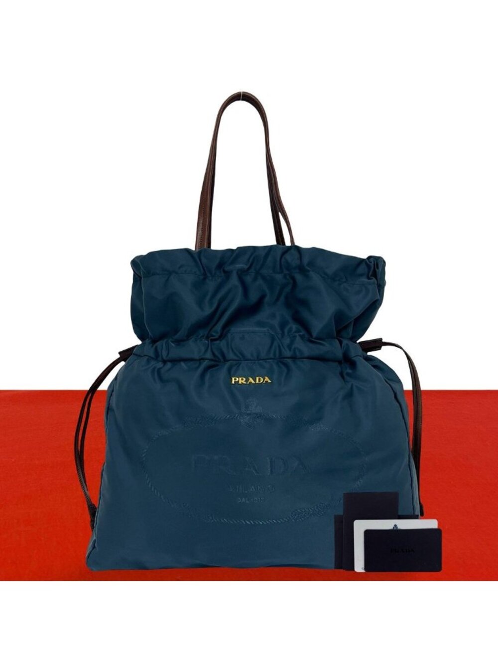 Prada Logo Tessuto Pocono Nylon Leather Drawstring Tote Shoulder Bag Blue